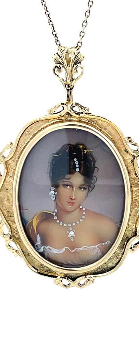 Vintage 14K Gold Pendant with Miniature Painting and Cubic Zirconia
